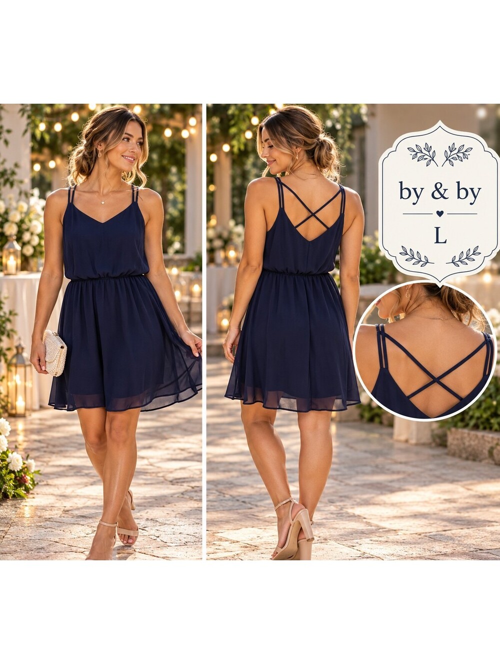 by & by | L | Navy Chiffon Strappy Back Blouson Mini Dress